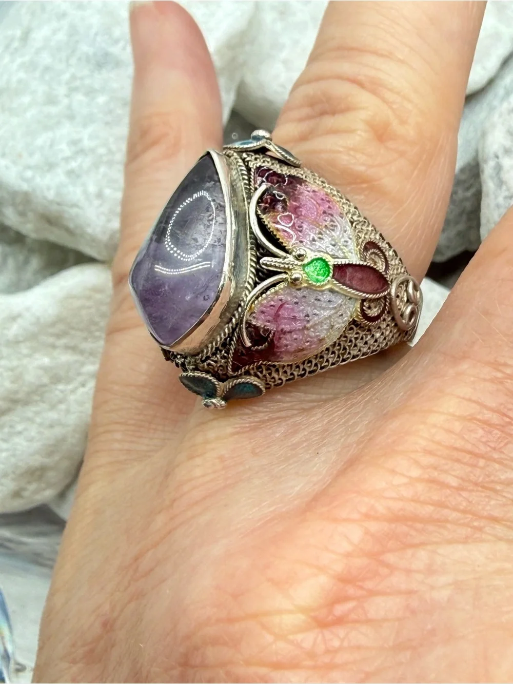 Vintage Chinese Export Sterling Silver Amethyst Enamel Butterfly Ring Size 7 10g